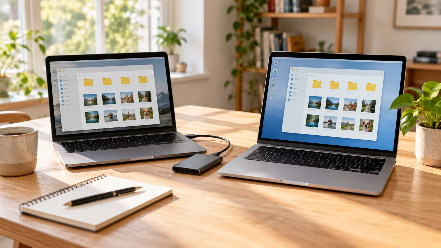 Zwei Notebooks und ein externer Datenträger auf einem hellen Arbeitsplatz