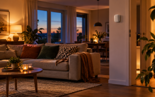Wohnzimmer mit sanfter abendlicher Beleuchtung und Bewegungssensor am Eingang