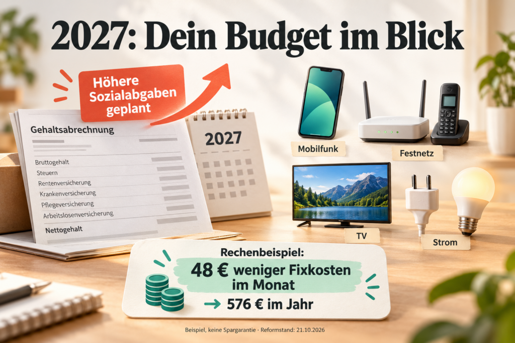 Abgaben 2027 und ein Beispiel für weniger Kosten bei Mobilfunk, Festnetz, TV und Strom