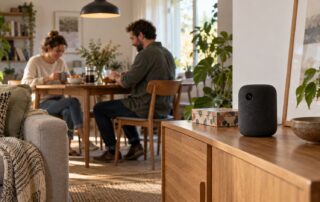 Echo Studio mit Kamera als Thema: neutraler Smart Speaker in einem natürlich eingerichteten Wohnzimmer