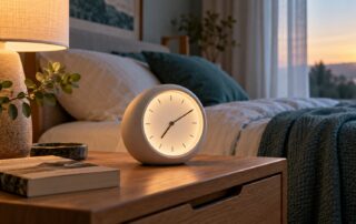 Echo Time als Thema: neutraler runder smarter Wecker auf einem Nachttisch im Morgenlicht