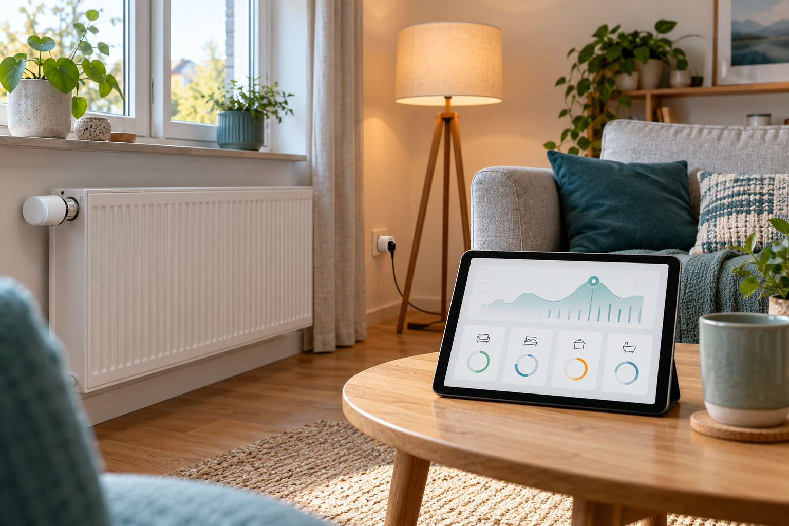Wohnzimmer mit smartem Heizkörperthermostat, schaltbarer Stehlampe und Tablet mit Energieübersicht