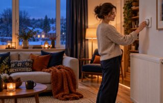 Heizung nachts absenken: Eine Frau stellt das Thermostat im Wohnzimmer ein