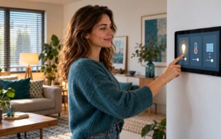 HomeView 3.0 als Thema: Frau bedient ein neutrales Smart-Home-Dashboard auf einem Tablet