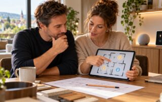 Ein Paar plant sein Smart Home mit Tablet und Raumskizze am Küchentisch