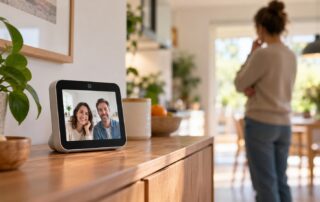 Smart-Display mit Kamera bei einem Videoanruf in einer Küche