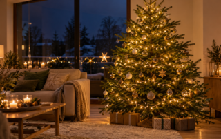 Weihnachtsbaum mit gleichmäßig verteilten warmen LED-Lichtern