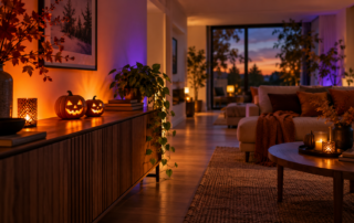 Wohnzimmer mit Kürbissen sowie orangefarbenen und violetten Lichtakzenten