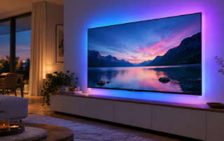 Fernseher mit gleichmäßiger blau-violetter Hintergrundbeleuchtung