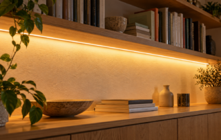 Durchgehende warme Lichtlinie unter einem Bücherregal