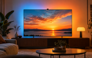 Fernseher mit kleiner Bildschirmkamera und farblich abgestimmtem Raumlicht