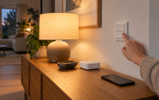 Hand am Lichtschalter neben einer warmen Lampe und einer Smart-Home-Zentrale