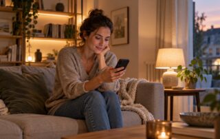 Hueblog-App als Thema: Frau liest auf dem Smartphone im natürlich beleuchteten Wohnzimmer