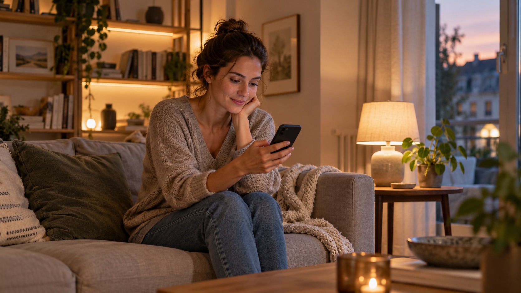 Hueblog-App als Thema: Frau liest auf dem Smartphone im natürlich beleuchteten Wohnzimmer