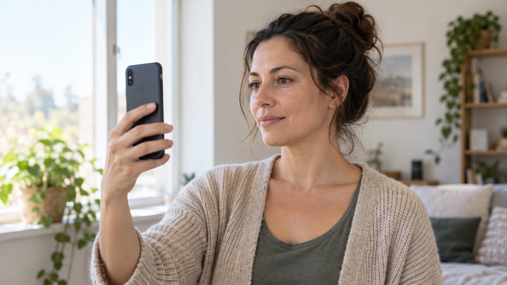 iPhone-Altersprüfung als Thema: Erwachsene Frau hält ihr Smartphone für eine Selfie-Aufnahme vor sich