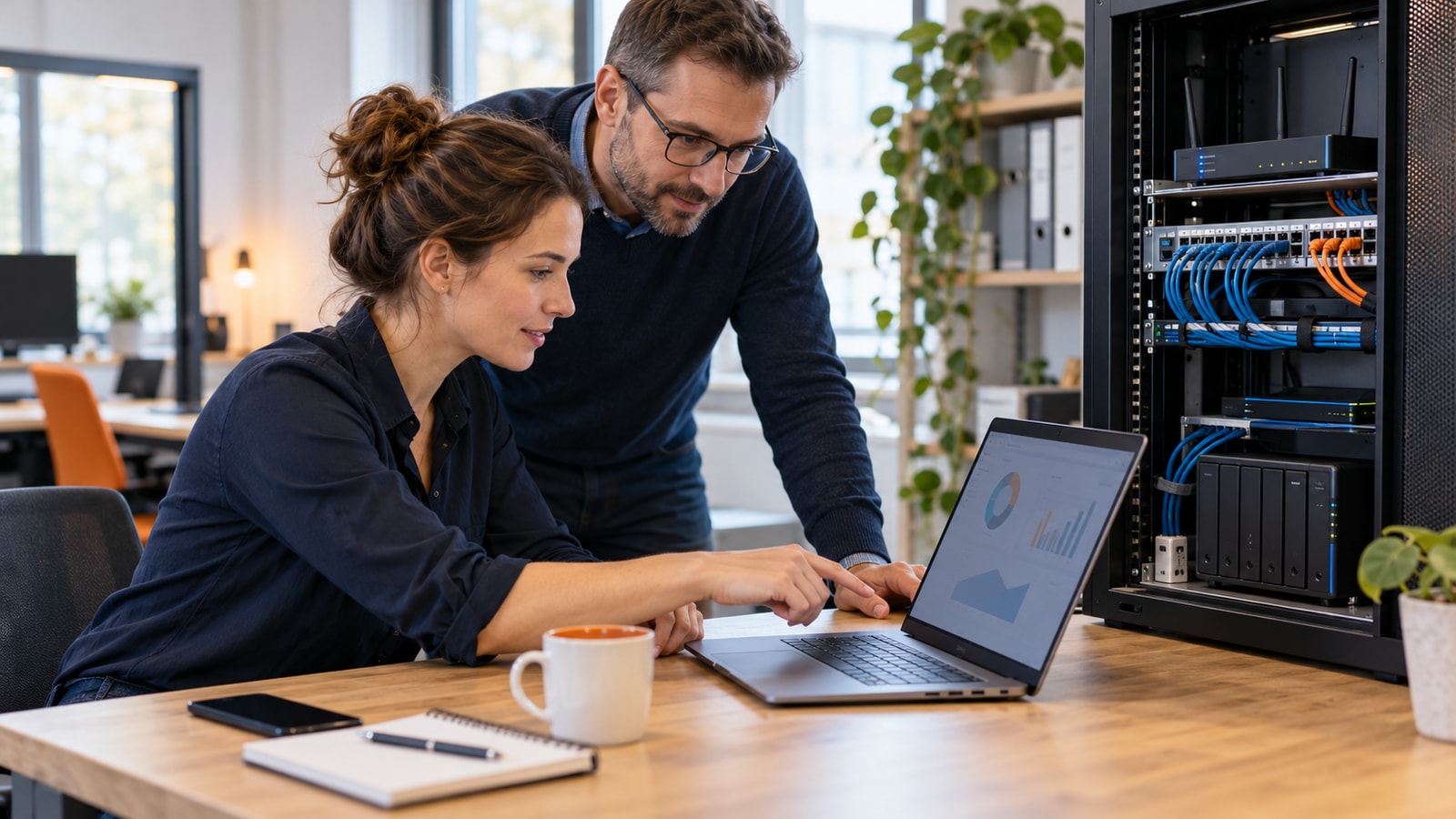 IT-Sicherheit für Unternehmen: Zwei Mitarbeitende prüfen einen Laptop am Netzwerkschrank