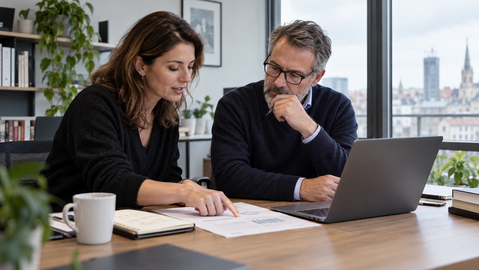 KI im Job als Thema: Zwei Kollegen prüfen gemeinsam ein Dokument neben einem Notebook