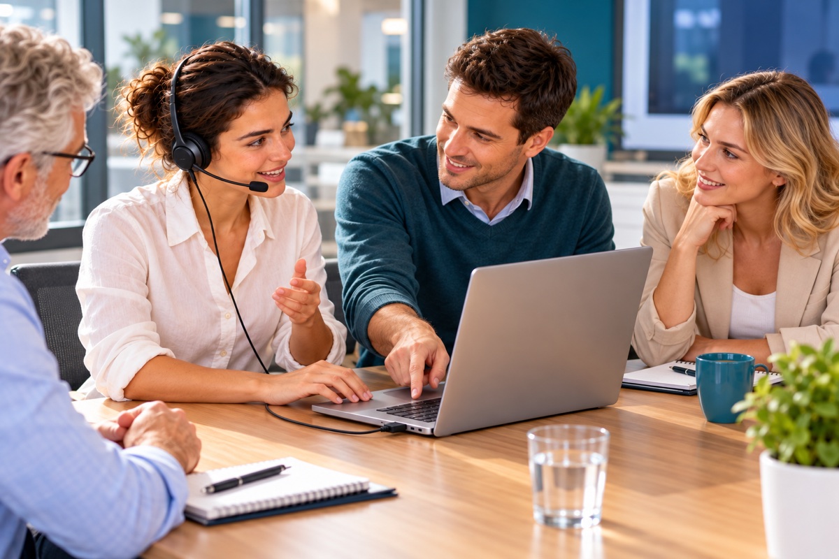 Marini-Beraterin und Kollegen testen ein kabelgebundenes USB-Headset am Notebook.