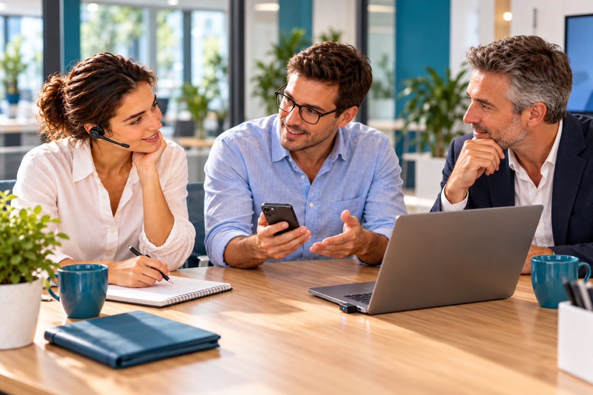 Marini-Beraterin bespricht mit Kollegen ein kabelloses Bluetooth-Headset für Smartphone und Notebook.