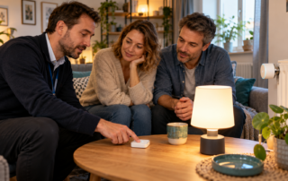 Technikberater plant mit einem Paar eine kleine Smart-Home-Nachrüstung im Wohnzimmer