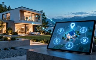 Illustration eines vernetzten Hauses mit Karte und Automationssymbolen
