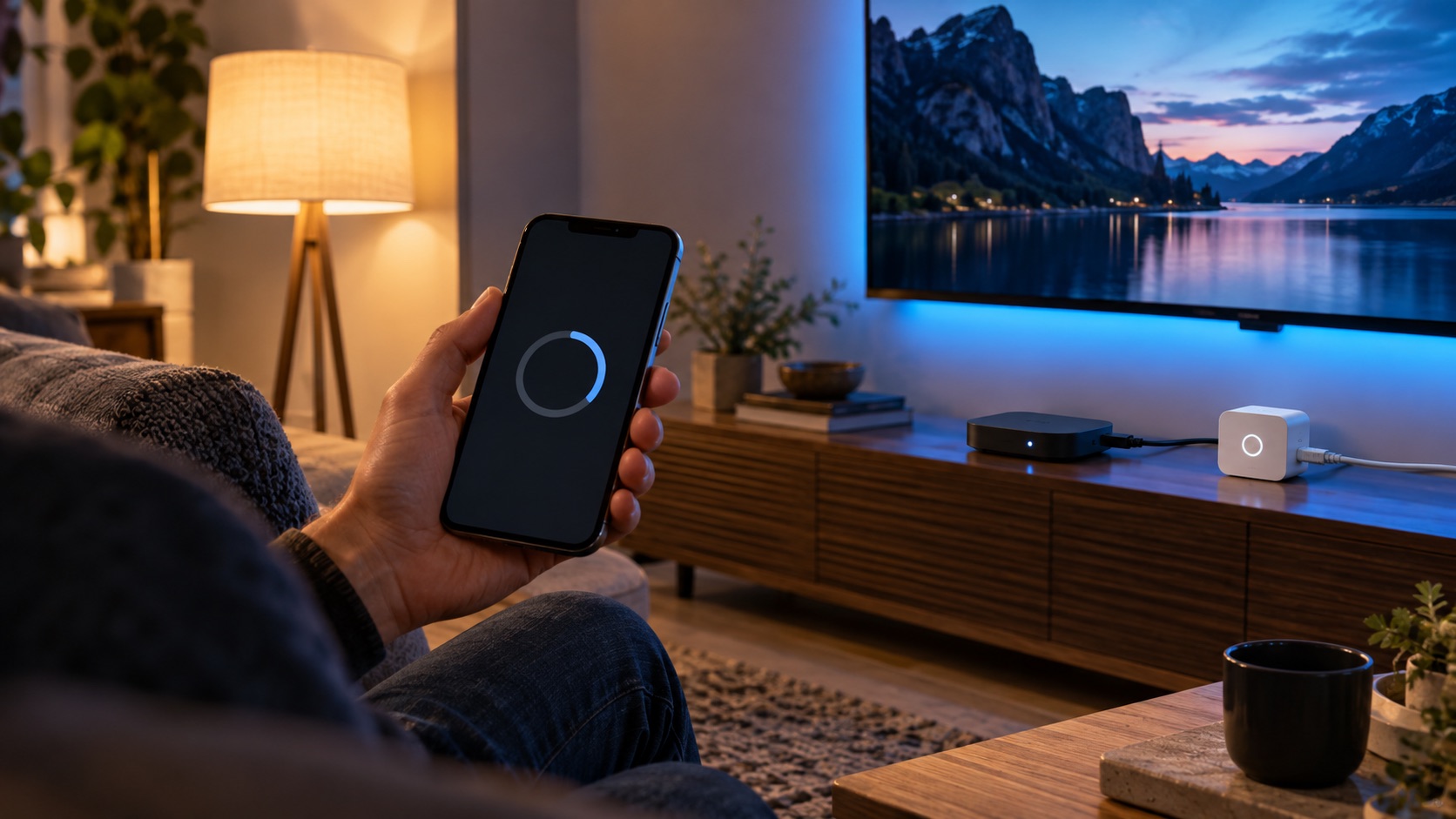 Smartphone mit Update-Anzeige vor Lampe, Fernseher und Geräten zur Lichtsteuerung