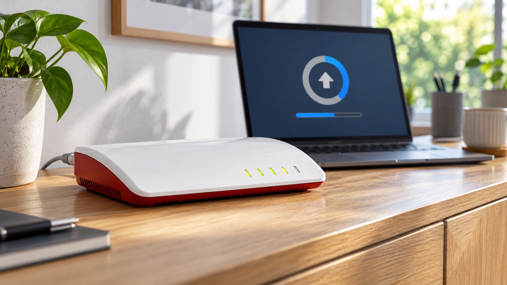 Geschlossener weiß-roter Router ohne Außenantennen neben einem Notebook mit Update-Anzeige