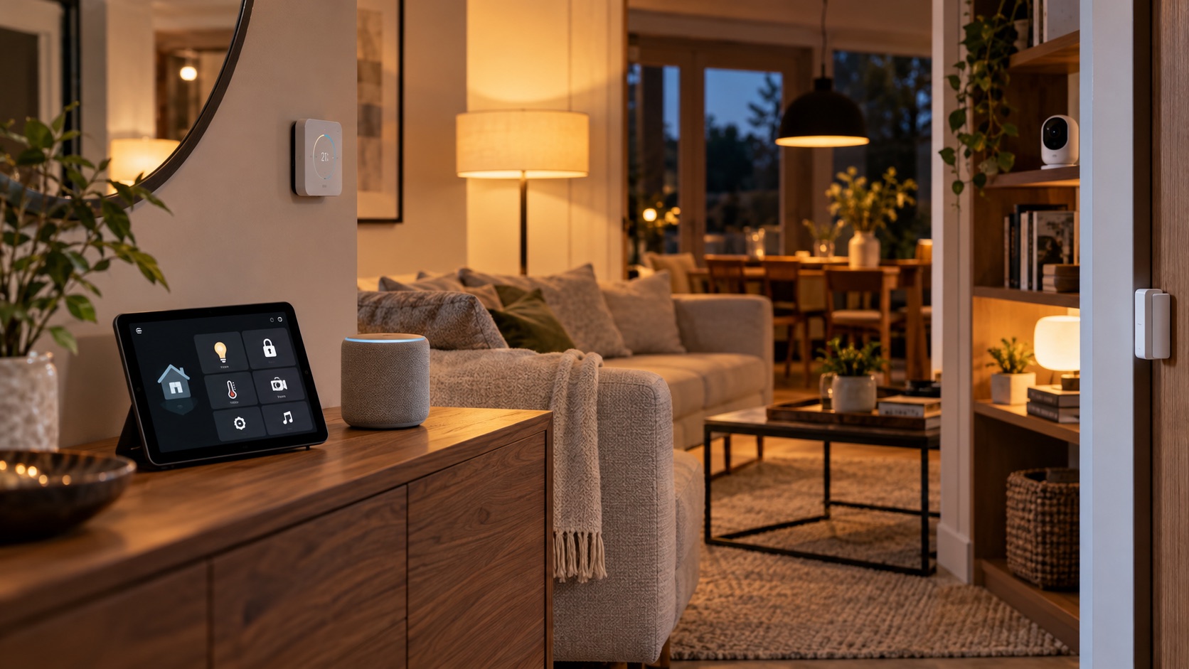 Wohnzimmer mit Tablet-Steuerung, Lautsprecher, Thermostat und Kamera