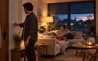 Paar im Wohnzimmer am Abend mit einem Taster für einfache Smart-Home-Routinen