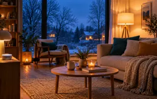 Warm beleuchtetes Wohnzimmer an einem Winterabend mit einem Smart-Home-Gerät