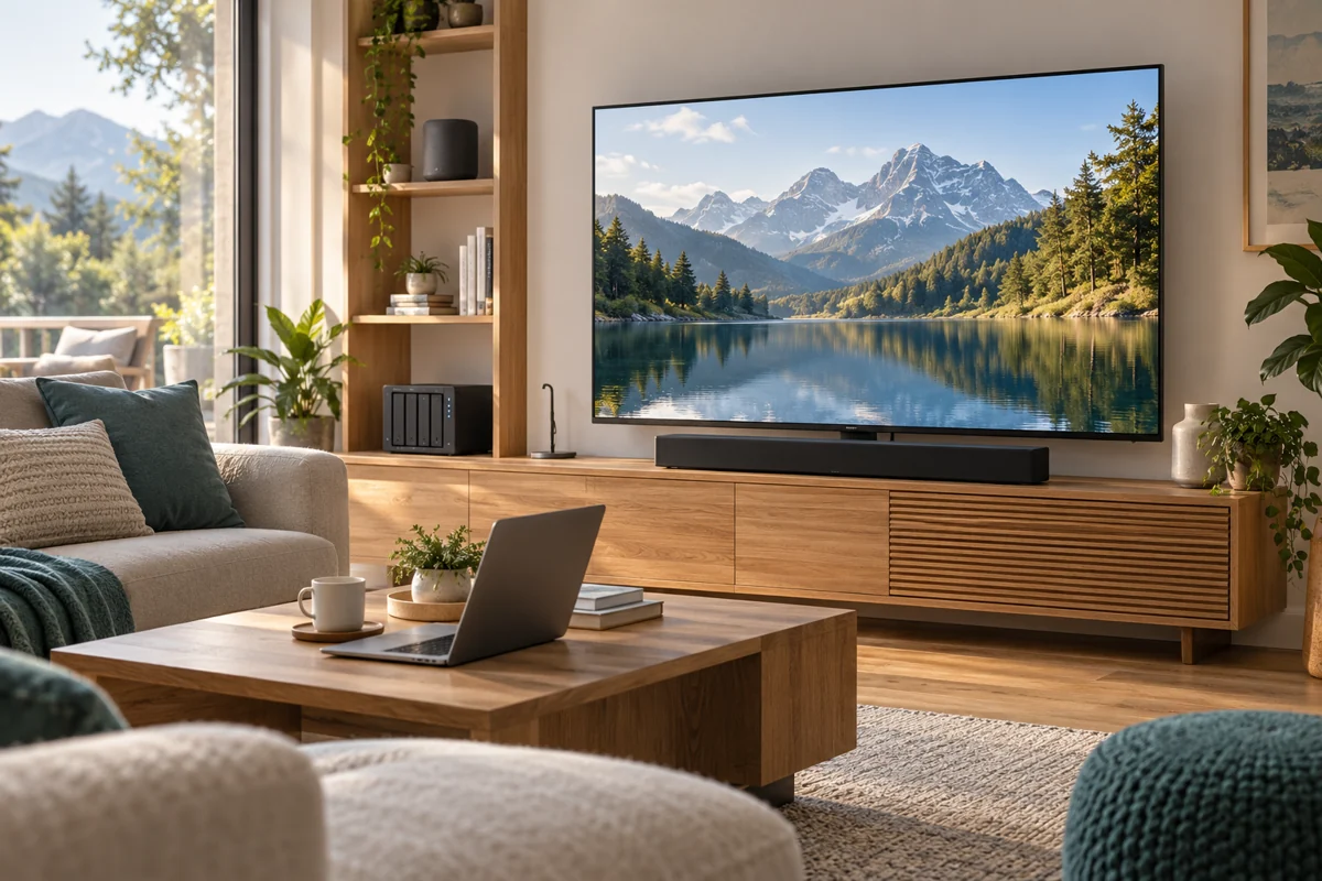 Wohnzimmer mit Fernseher, Soundbar, Lautsprecher und Laptop für vernetzte Unterhaltung.