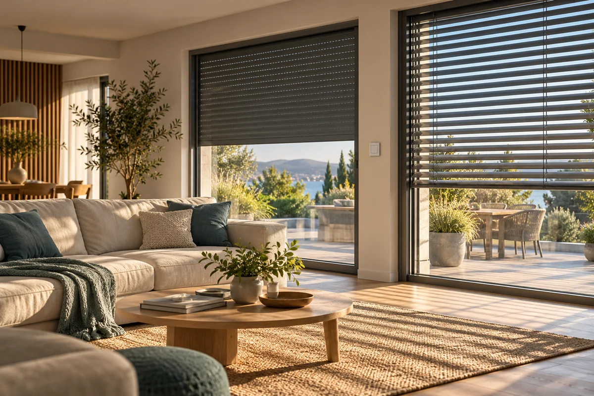 Wohnzimmer mit teilweise geschlossenen Rollläden und Jalousien für eine abgestimmte Beschattung.