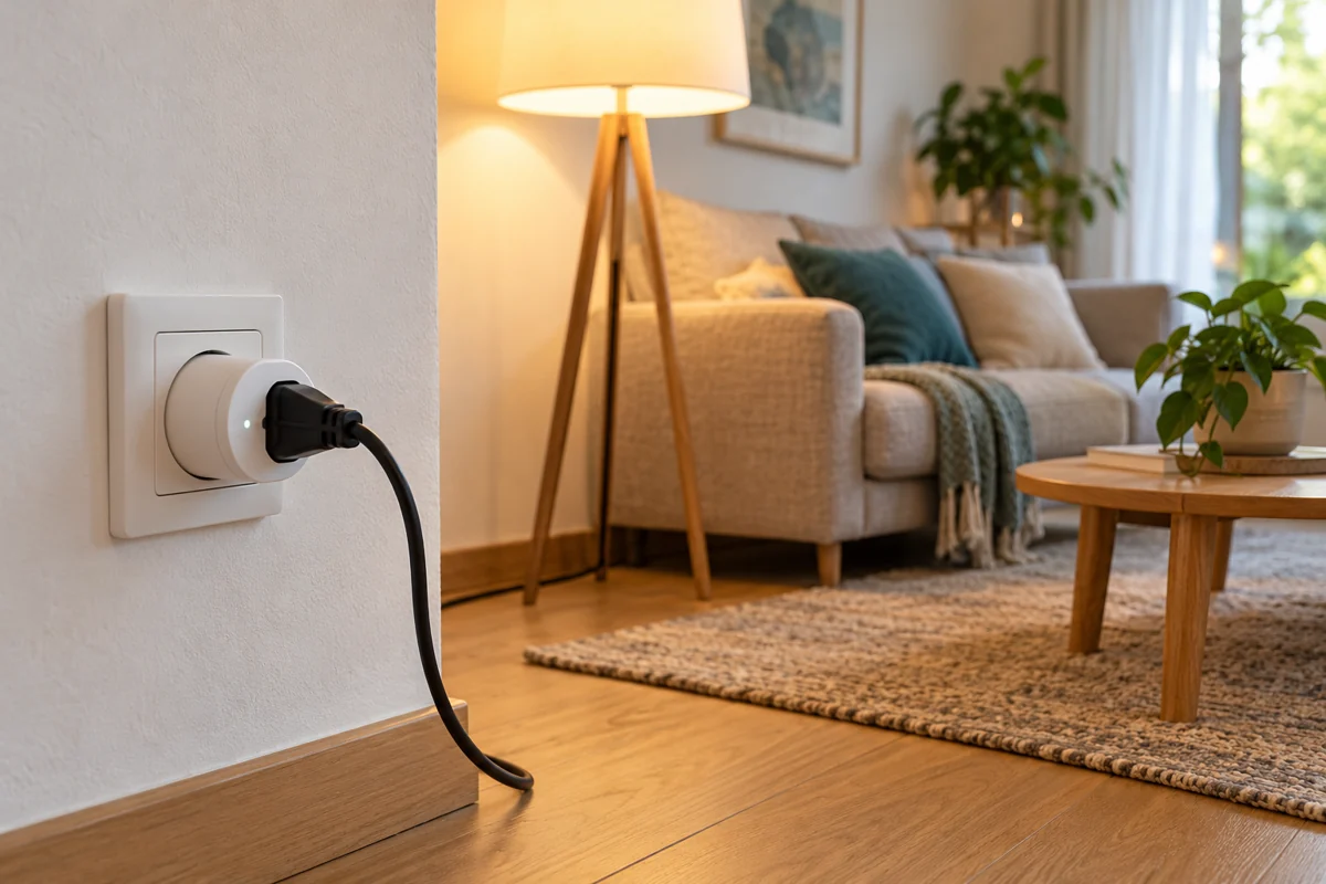 Smarte Steckdose an einer Schuko-Wandsteckdose steuert eine Stehlampe im Wohnzimmer.