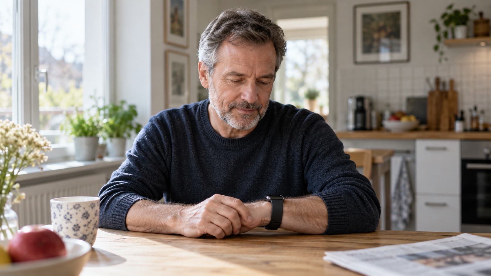 Smartwatch-EKG als Thema: Mann betrachtet entspannt seine Uhr am Küchentisch