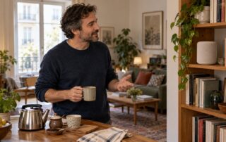 Sonos 27voice als Thema: Mann spricht im Wohnzimmer zu einem neutralen Musiklautsprecher