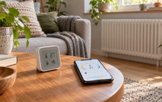 Smartphone als Thermometer-Anzeige neben einem separaten Raumklimasensor