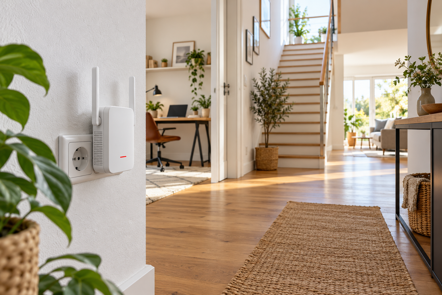 Symbolbild für WLAN-Mesh: kompakter Repeater im Flur eines Hauses mit Treppe und Arbeitszimmer
