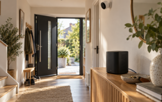 Symbolbild für lokale Smart-Home-KI: unbeschrifteter Heimserver und Kamera im Eingangsbereich