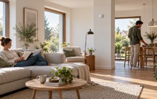 Neutrales Smart-Home-Motiv mit kleinem Wandsensor und zwei Menschen in getrennten Wohn- und Essbereichen.