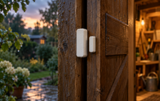 Kleiner Türkontakt am Rahmen eines Gartenhauses mit Regentropfen