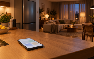 Symbolbild für Smart-Home-Routinen: Smartphone auf einer Küchentheke vor einem ruhig beleuchteten Wohnbereich