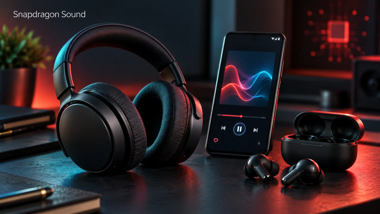 Schwarze Over-Ear-Kopfhörer und kabellose In-Ears mit Ladecase neben einem Smartphone mit Musikanzeige.