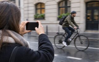 Smartphone-Fotografie in einer Stadtszene mit einem vorbeifahrenden Radfahrer