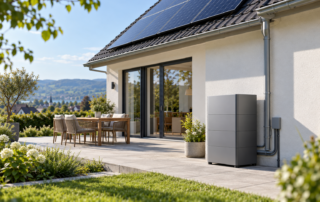 Symbolbild für einen Heimspeicher neben einer Hauswand mit Solarmodulen auf dem Dach