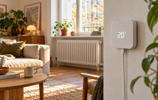 Symbolbild für ein smartes Wandthermostat mit angeschlossenem USB-C-Ladekabel im Wohnzimmer