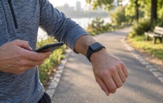 Nahaufnahme eines Handgelenks mit einer neutralen Smartwatch auf einem Spazierweg
